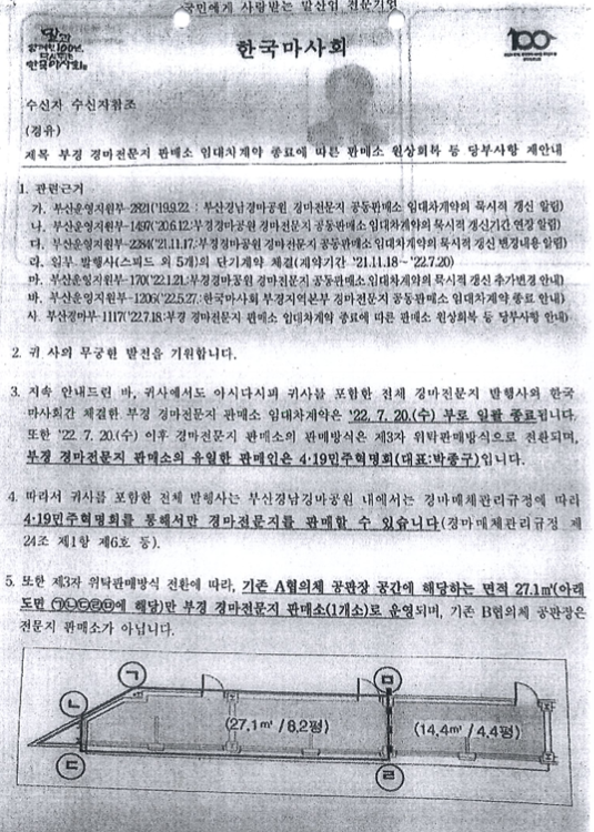 한국마사회가 경마판매소 임대차 계약 종료 통보서