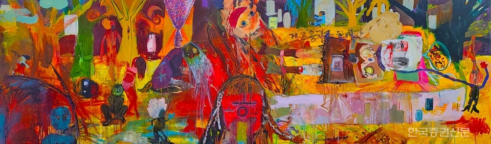 파라다이스, 2022, oil pastel, oil on canvas, collage, 89.4X291cm